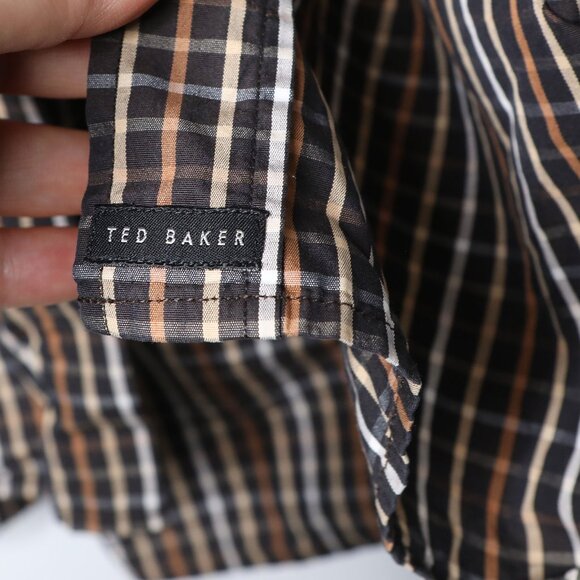 Ted Baker 100% Cotton Check Plaid Button Down Shirt Classic Office Brown Cream - Picture 8 of 8